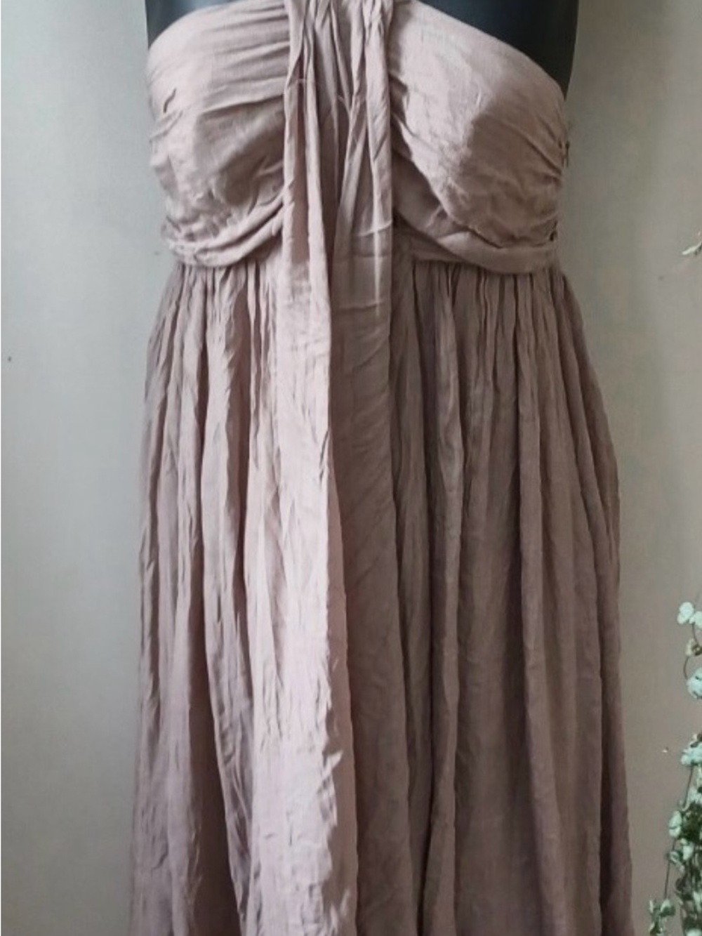 Ryu Strapless Taupe Midi Dress with Gathered Bodice
